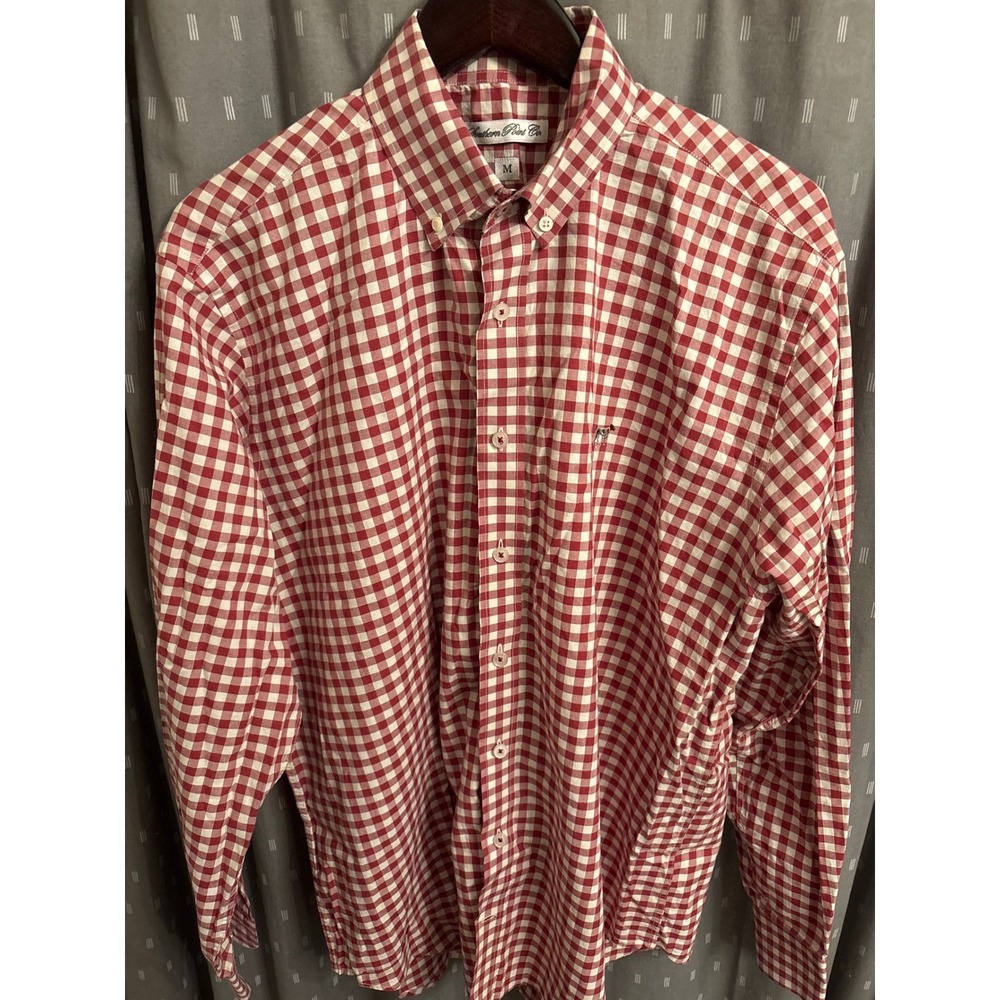 Southern Point Co Mens Red White Gingham Cotton Button Down Shirt MD Dog Logo